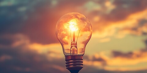 Light Bulb Glowing Bright Against Sunset Sky, Idea Inspiration Concept