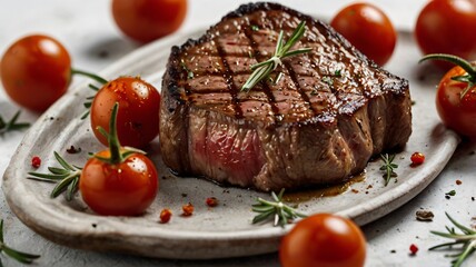 Grilled steak served with fresh cherry tomatoes and rosemary on a rustic plate, showcasing a delicious meal ready to enjoy