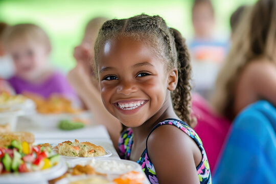 Children enjoy safe snacks at birthday party celebrating, food allergies awareness outdoors