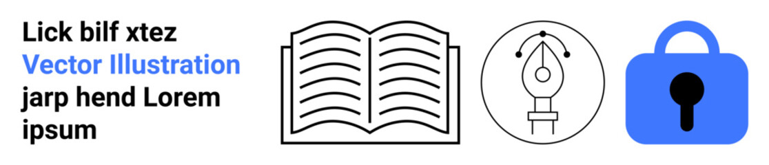 Open book, pen tool within a circle, and blue padlock icon representing digital security and information. Ideal for websites, educational, security, design, publishing, tech, marketing. Banner