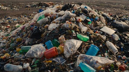 A large mound of plastic and waste debris piles up at a landfill site under clear skies in a suburban area during the afternoon
