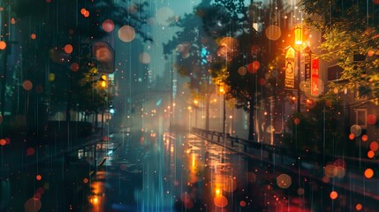 Rainy Night Cityscape: Street Lights Reflecting in Wet Pavement