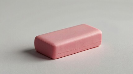 A close-up view of a pink eraser resting on a smooth surface against a neutral background