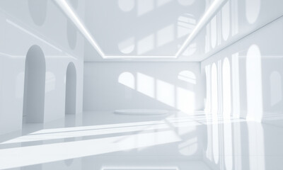modern white architectural room with soft shadows and light patterns, featuring arches and minimalist design that creates serene atmosphere