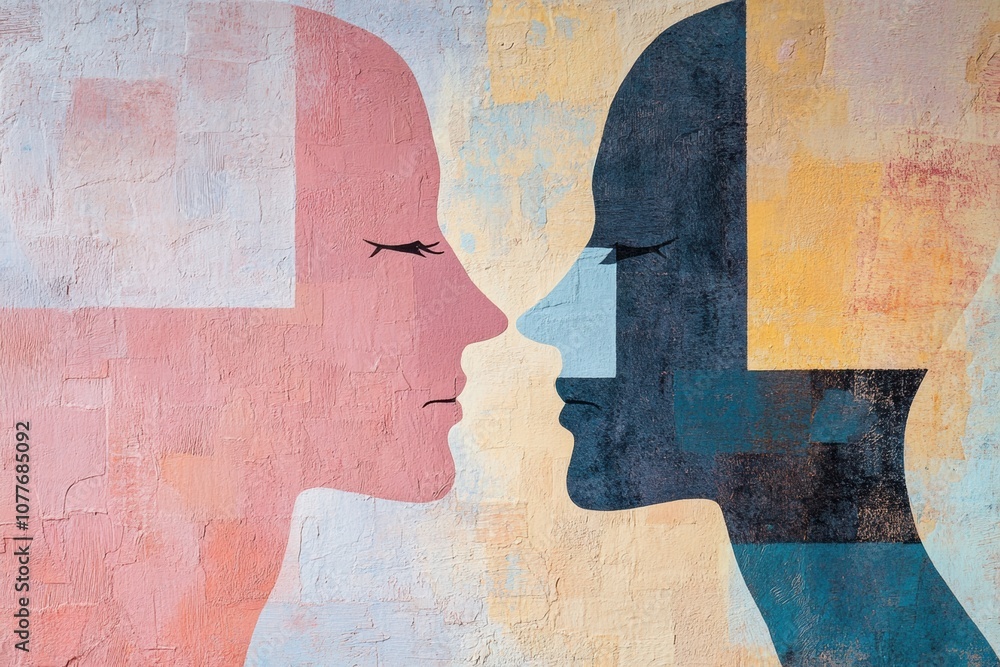 Aufkleber abstract silhouettes of two faces in soft pastel shades represent the themes of communication and em