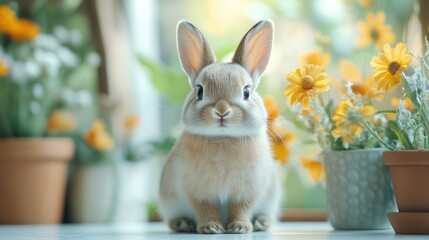 Adorable bunny rabbit with yellow flowers in the background.