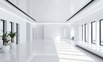 Obraz premium modern white architectural room featuring sleek design, large windows, and minimalist decor, creating bright and airy atmosphere