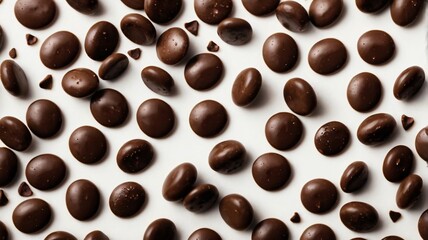 Obraz premium Dark chocolate candies scattered on a white surface create an enticing sweet display in a cozy setting