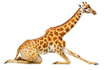 Obraz premium A giraffe lays down on a white background with its head turned to the side.