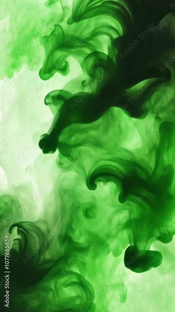 Poster green ink swirls and dances in water, creating abstract patterns