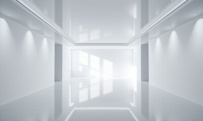 Obraz premium modern white architecture room with sleek lines and bright lighting, creating spacious and airy atmosphere. Ideal for exhibitions or minimalist design