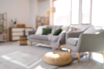 Interior of light living room with grey sofa, armchair and window