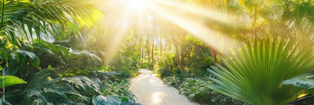 Poster sunlight filters through lush foliage, illuminating a serene tropical forest trail surrounded by vib