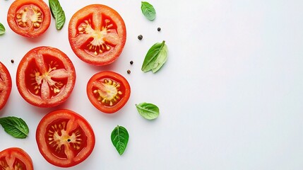 Fototapeta premium Fresh Tomato Slices Isolated on White Background with Green Basil Leaves and Black Pepper, Perfect for Culinary, Health and Food Photography