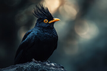 Obraz premium Majestic black bird with striking orange eyes and crest perched on rock, against blurred natural background.