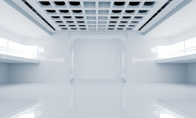 Obraz premium modern white architectural room featuring sleek lines and reflective surfaces, creating spacious and minimalist environment. Ideal for showcasing design and innovation