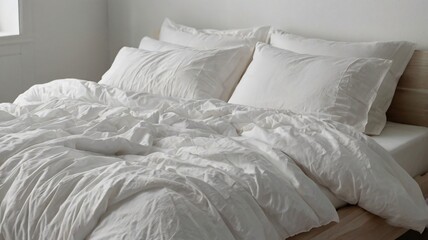 A cozy white bed with layered linens and fluffy pillows in a bright, minimalist bedroom during daylight hours
