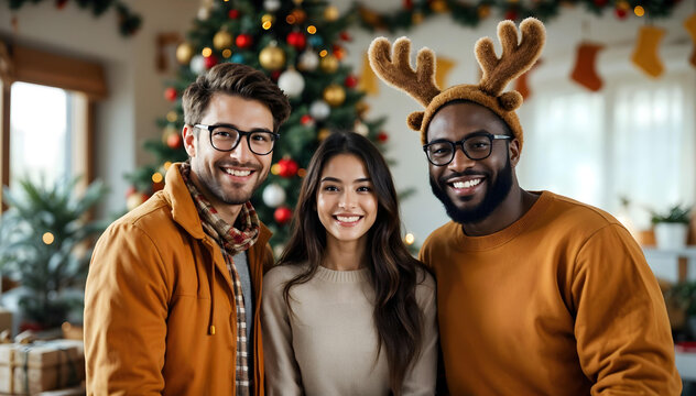 Diverse group of friends celebrating Christmas together, posing in front of decorated tree. Festive holiday atmosphere with warm autumn colors and reindeer antler accessories.