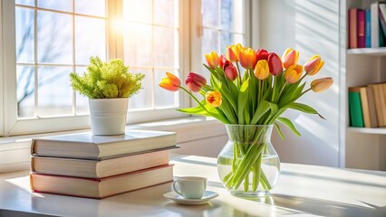 A minimalist tableau: white space, tulips, books, and light.