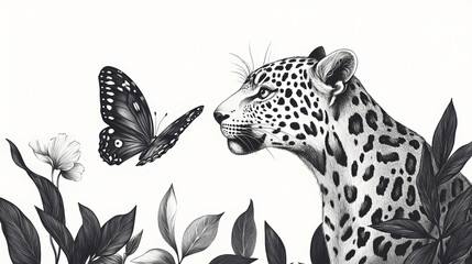 Leopard & butterfly. Monochrome. Illustration
