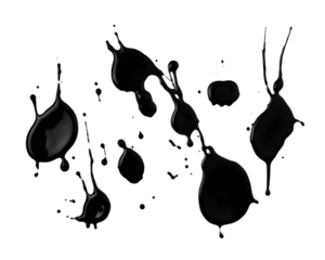black ink spatters in drops on transparent background