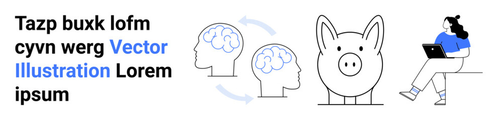 Two brains with arrows between, a piggy bank, and a person using a laptop in blue top. Ideal for finance, savings, technology, learning, thought exchange, remote work, education. Landing page