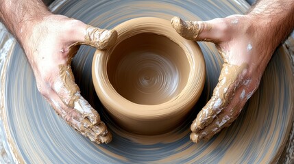 Close-up of hands molding clay on a spinning pottery wheel, capturing the artistic process and tactile craftsmanship.