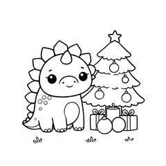 Fototapeta premium Stegosaurus by Decorated Christmas Tree Coloring Page, Cute Holiday Art for Kids, Festive Dinosaur Illustration, Perfect for Winter Coloring Books and Christmas Fun