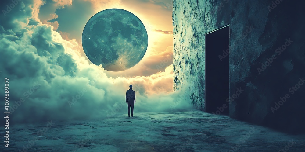 Poster silhouette of a man standing in a surreal dreamscape with a large celestial body and an open door