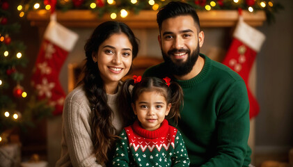 Young South Asian family poses for Christmas portrait at home, wearing cozy sweaters with festive decorations, stockings, and twinkling lights in background.