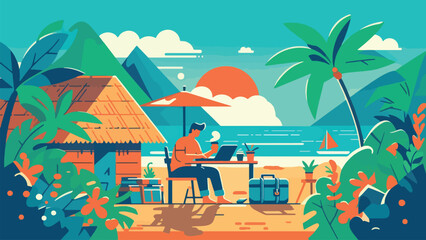 A trendy vector illustration of a digital nomad working from a tropical location 