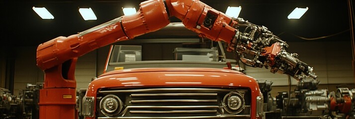 Red robotic arms working on the red car body at the automobile factory.