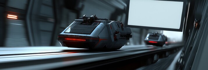 Fototapeta premium Futuristic vehicle with red lights moving on a futuristic track.
