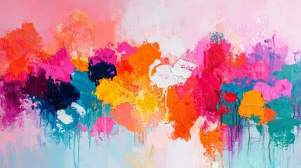 A vibrant abstract painting with bold colors blending harmoniously, featuring splashes of pink, orange, blue, and green.