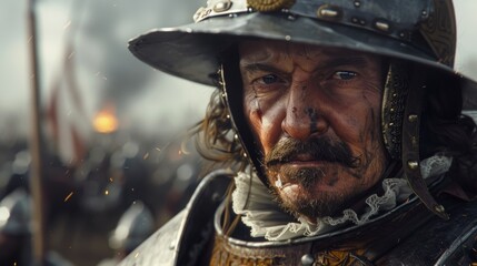Fierce Spanish Conquistador Portrait in Well Crafted Armor with Intense Gaze and Dramatic Lighting