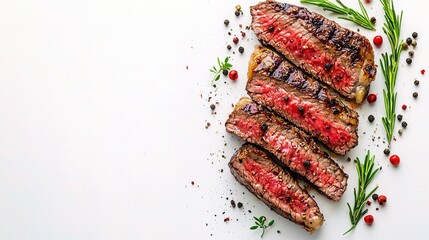 Juicy Grilled Steak Slices Garnished with Herbs and Spices on White Background for Culinary and Food Photography