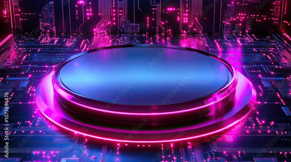 Poster circular platform with neon glowing edges on a circuit board