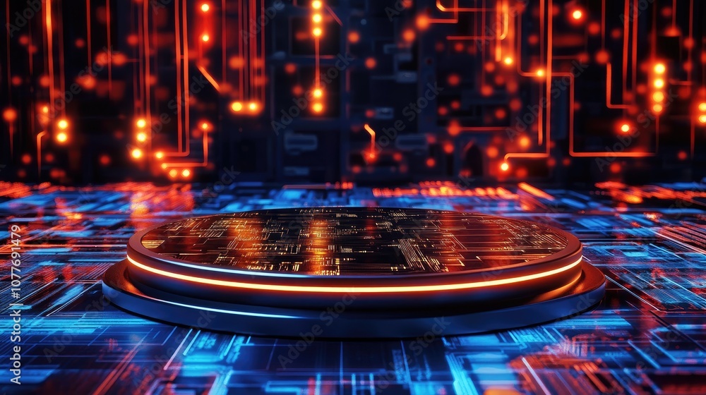 Poster circular platform on a futuristic circuit board with glowing lines