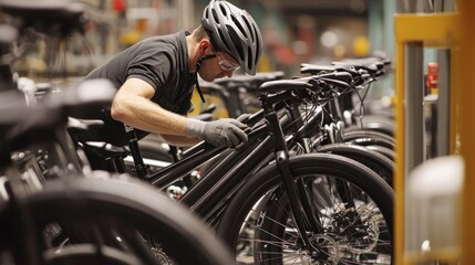 Obraz premium A Worker Assembling Black Bicycles In A Factory