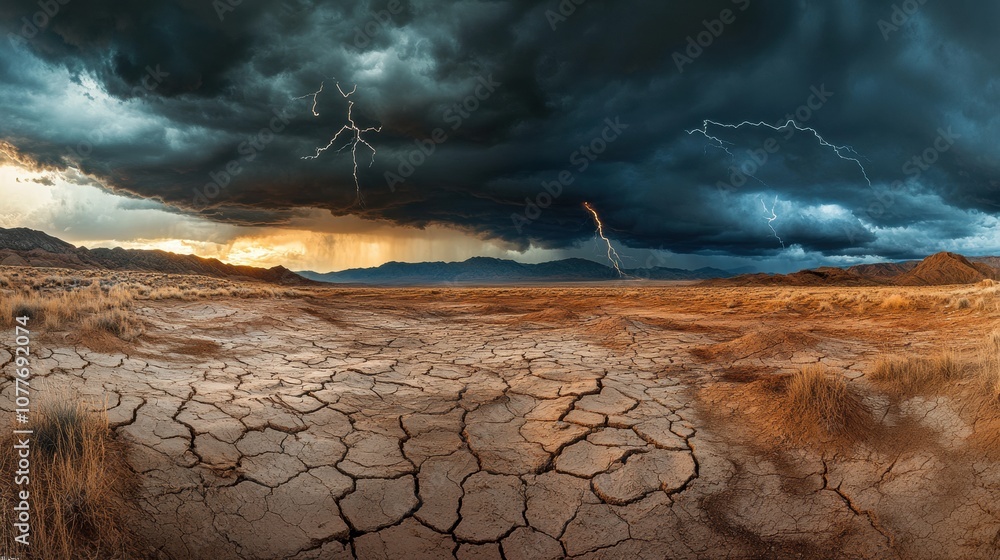 Poster dark clouds gather ominously above the dry, cracked earth of the desert, illuminated by occasional f