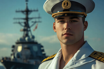 Young male naval officer in uniform stands on deck with battleship in the background, under a clear sky.