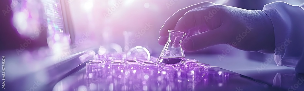 Poster A hand in a laboratory delicately holds a flask, surrounded by glowing test tubes, emphasizing a modern scientific environment.