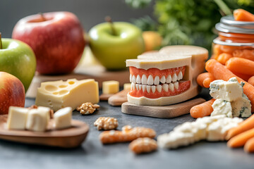 A playful arrangement of dental models, fruits, vegetables, and cheeses promoting healthy eating.