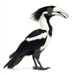 Obraz premium A black and white hornbill with a large, curved beak stands on a white background.