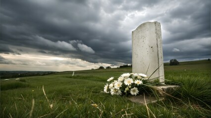 Isolated gravestone under stormy clouds in winter field
