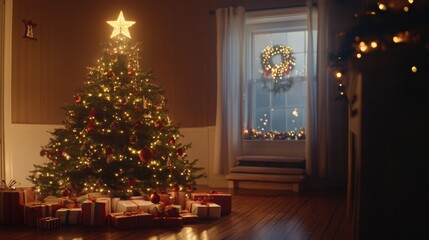 Beautifully decorated Christmas tree indoors, adorned with twinkling string lights, ornaments, and a star on top. The room is warm and cozy, with gifts wrapped under the tree.