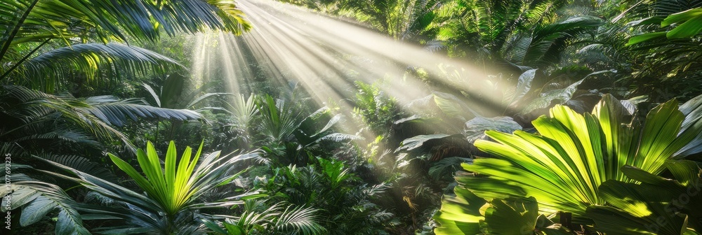 Leinwandbilder sunlight beams stream through dense foliage in a vibrant tropical forest, creating a serene and ench