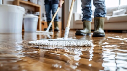 Person in rubber boots mopping a flooded floor, highlighting cleaning and water damage restoration.