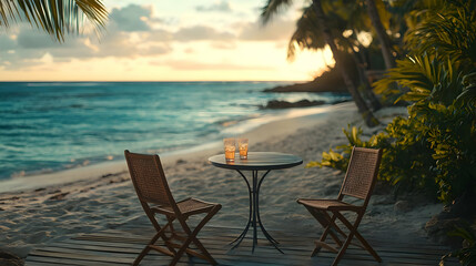 Fototapeta premium Beach Sunset Table and Chairs Photo
