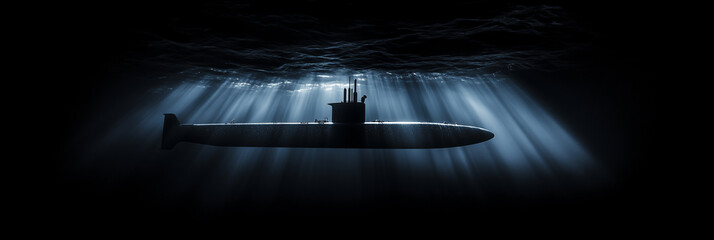 Obraz premium Submarine Submerged Underwater with Sunlight Rays